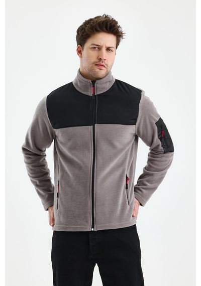 Monox Erkek Tam Fermuarlı Parçalı Spor Polar Ceket Gri