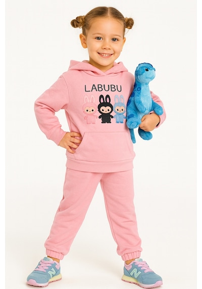 Esila Kids Kız Çocuk Eşofman Takımı Labubu Takım Kapüşonlu Baskılı Sweatshirt Ve Pantolon Pudra