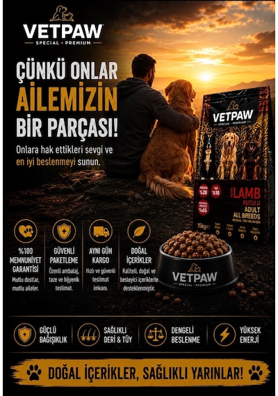 Vetpaw Kuzu Etli Yetişkin Köpek Maması Yüksek Proteinli Premium Kuru Mama 15 KG
