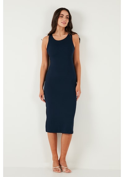 Lela Fitilli Slim Fit Bisiklet Yaka Yırtmaçlı Midi Boy Bayan Elbise 5866101 Lacivert