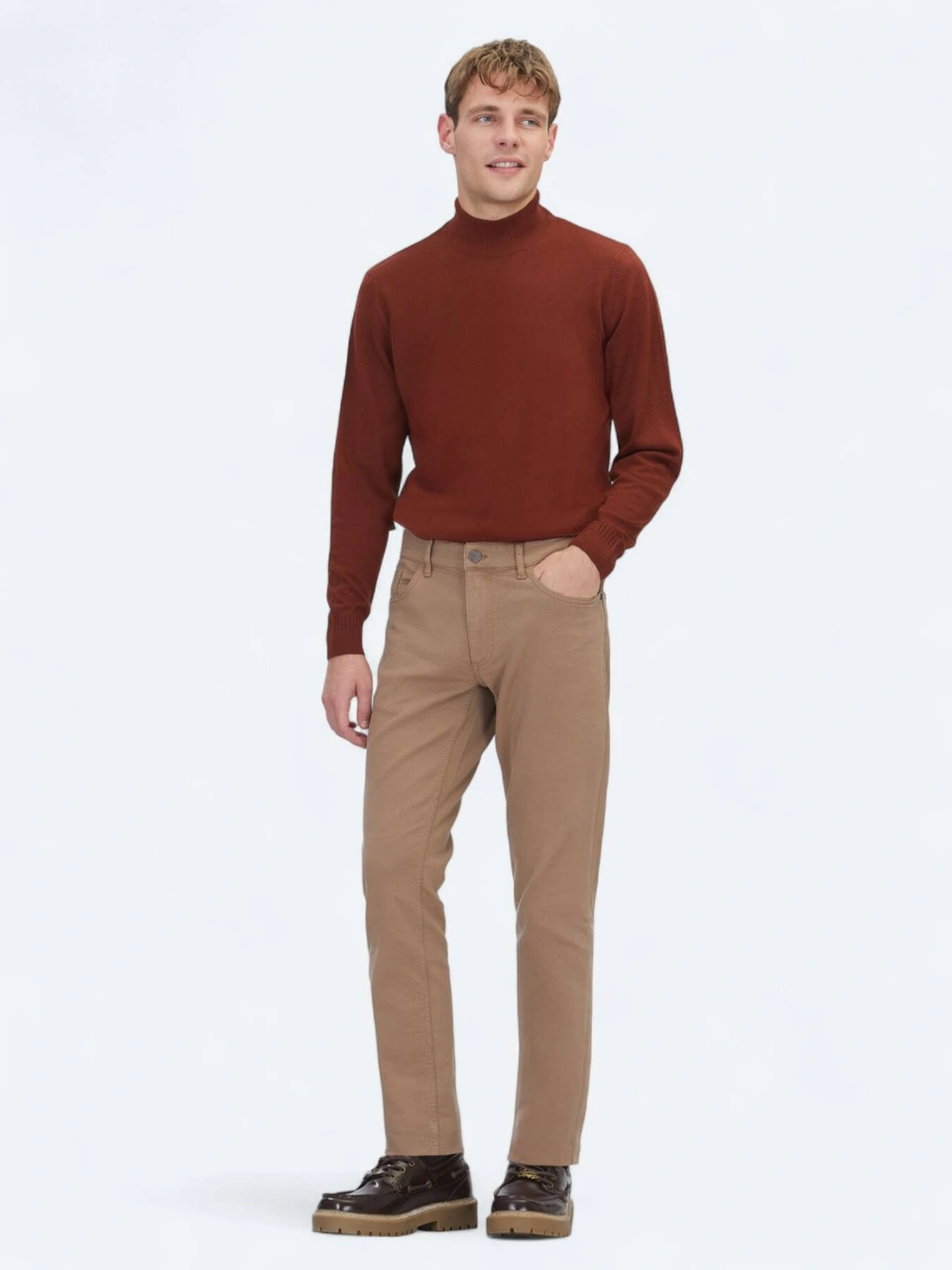 Kip Kiremit Yarım Balıkçı Yaka Jakarlı Yün Karışımlı Triko Kazak Kiremit
