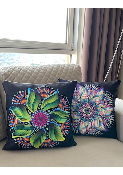Çift Taraflı Mandala Desenli Dekoratif 2'Li Kırlent Kılıfı