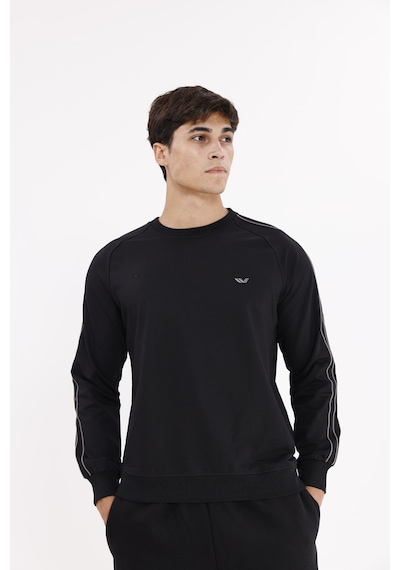 Rowinger Çift Şeritli Raglan Kol Minimal Logolu Bisiklet Yaka Sweatshirt Black