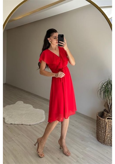 Neşeli Butik Kadın V Yaka Kuşaklı Mini Şifon Elbise Nm007 Kırmızı