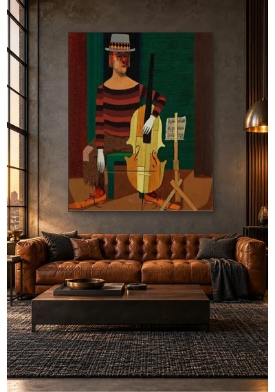 Fida Pelle Aberg Çello Çalan Şapkalı Palyaço Canvas Tablo Çok Renkli