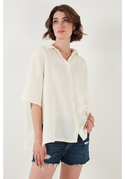Lela Pamuklu Regular Fit Yırtmaçlı Kısa Kollu Bayan Gömlek Cf25S166965 Ekru