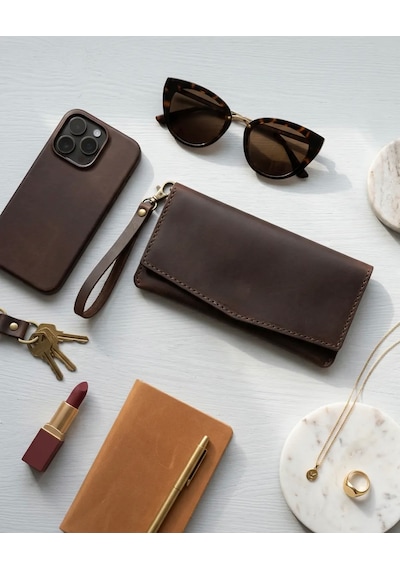 Natayleather %100 Hakiki Deri El Dikimi Acı Kahve Kadın El Portföyü Bileklikli Cüzdan Ve Çanta 20x10 Cm Acı Kahverengi