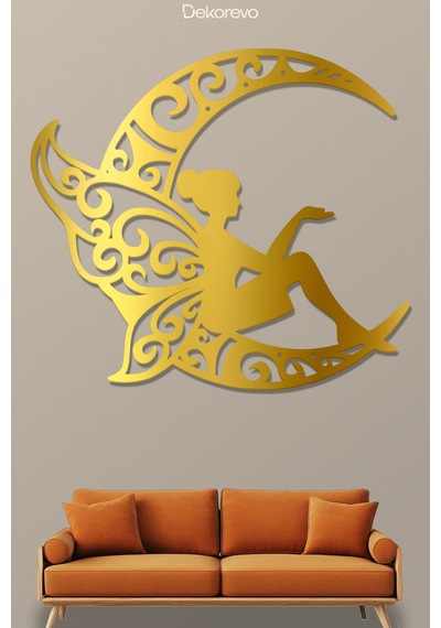 Peri Ve Hilal Ay Metal Duvar Tablosu - Metal Duvar Tablosu - Altın - 30 X 30 Cm