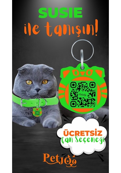 Petjoo 3.Susie Turuncu-Yeşil Qr'lı Kedi Künyesi