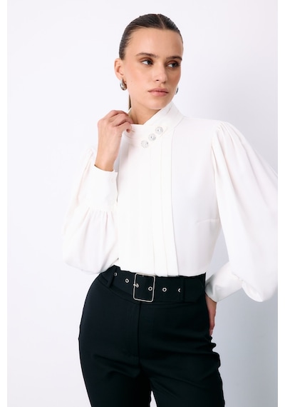 Sateen Nervür Detaylı Bluz - Ekru-135423 Ekru