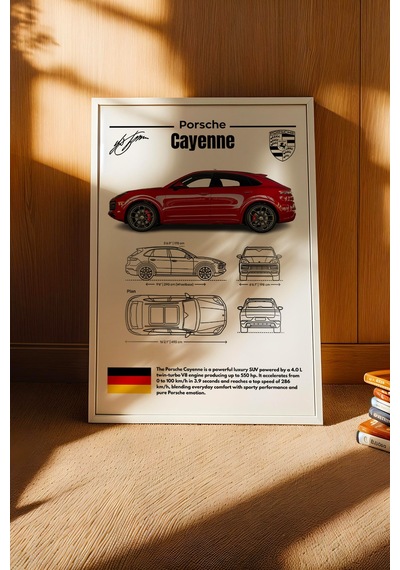 Porsche Cayenne Tablo - Teknik Özellikli Lüks Suv Poster - Çerçeveli Duvar Dekoru - Araba Blueprint Beyaz