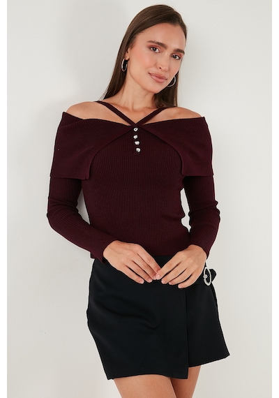 Lela Premium Fitted Fit Carmen Yaka Ip Askı Detaylı Triko Bayan Kazak 680Kz00076 Bordo
