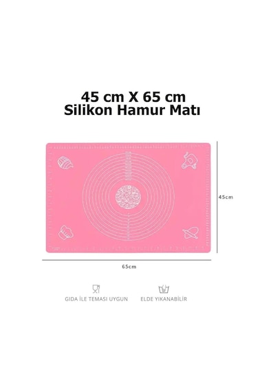 Pembe Silikon Hamur Açma Matı 45x65 Cm Ölçülü Kaymaz Yapışmaz Profesyonel Yoğurma Matı