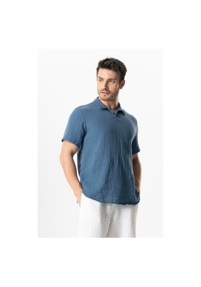 Kısa Kol Polo Yaka Müslin Yazlık Tshirt İndigo İndg Indigo