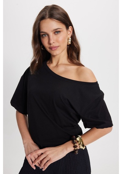 Tudors Kadın Slim Fit Dar Kesim %100 Pamuk Kayık Yaka Kısa Kollu Siyah Tişört-50840