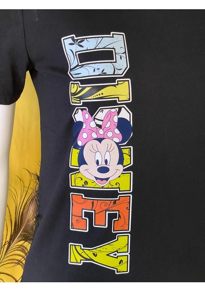 %100 Pamuk Basik Bisiklet Yaka Örme Mickey Mause Minny Mause T-shirt Siyah
