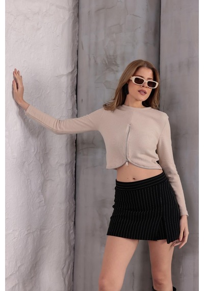 Ckm Moda Mira Selanik Oval Fermuar Bluz Bej