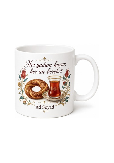 Kandil Simidi Yanında Geleneksel Çay Kupası Hatırası Hediye Kupa Bardak Beyaz / Çok Renkli