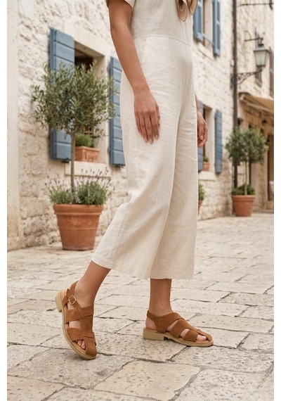 Fox Shoes Y291880002 Taba Hakiki Deri Süet Kadın Sandalet