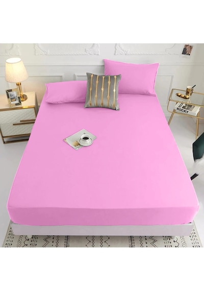 Çift Kişilik Lastikli Kumaş Çarşaf + 2 Yastık Kılıfı Pembe