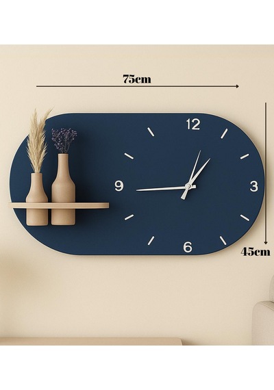 Modern Tasarım Raflı Nera Duvar Saati 75x45 Lacivert