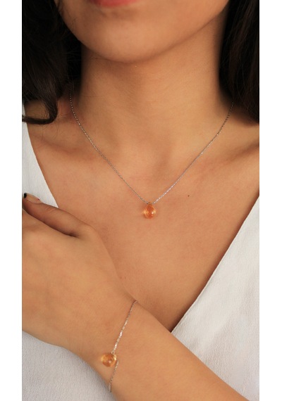Doğan Diamond 925 Ayar Gümüş Altın Kaplama Doğal Sitrin Taşı Damla Set Kolye Ve Bileklik Bolluk Ve Bereket li Minimalist Tasarım Gümüş