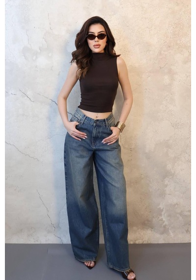 Alemdarshop Lacivert Geniş Paça Jeans Pantolon