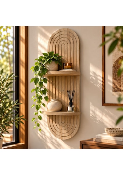 Lina Ahşap 2 Katlı Modern Duvar Rafı 85x30 Açık Meşe
