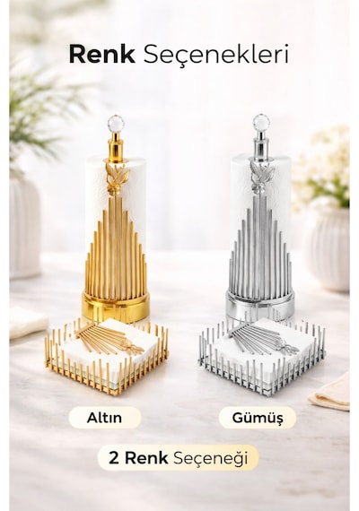 2li Gümüş Metal Aynalı Çiçek Model Lüks Kare Peçetelik Ve Gold Metal Çiçek Model Lüks Havlu Peçeteli