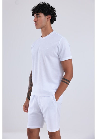 Rowinger Waffle Dokulu Nakış Logo Detaylı Oversize Erkek T-shirt Beyaz