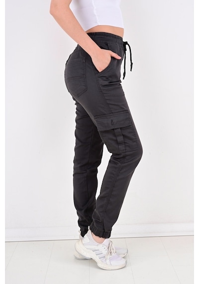 Black Steel Paça Lastikli Kargo Cep Bayan Pantolon-Byn-19000