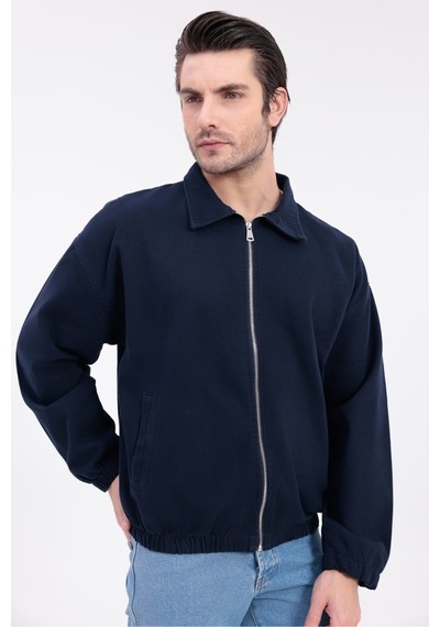 Mero Life Erkek Basic Old Money Fermuarlı Oversize Mevsimlik Polo Yaka Gabardin Kumaş Lacivert Ceket