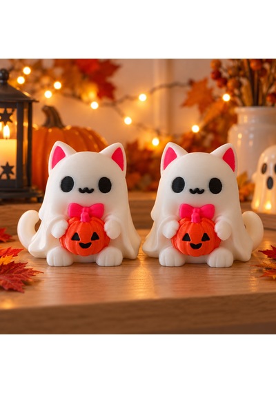 2'li Balkabağına Sarılan Hayalet Kedi Figürü Cadılar Bayramı Dekoratif Set 7,5 X 7,5 X 6 Cm Çok Renkli
