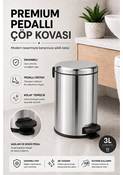 Sas Haus Pedallı Çöp Kovası 3 Litre İç Kovalı Kapaklı Banyo Çöp Kutusu Krom - Elit 7003