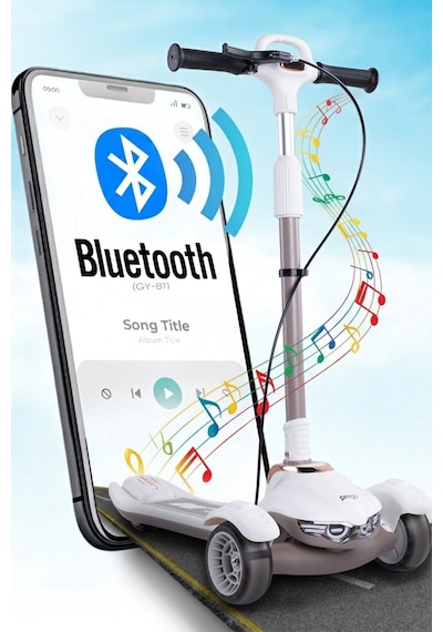 Prego Veyron Bluetoothlu Müzikli Işıklı Çocuk Scooter Katlanabilir - Yükseklik Ayarlı Bej