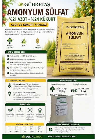 Gübretaş Amonyum Sulfat %21 Azot %24 Kükürt Şeker Gübresi Meyve Ağaçları, Zeytin, Çim Ve Tarla Bitkileri Için 2 KG