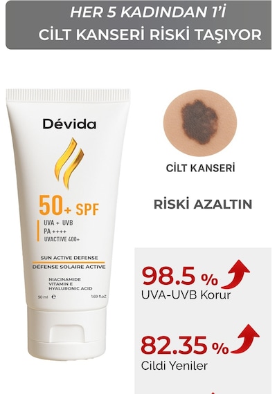 Devida UVA UVB Koruyucu Cilt Lekesi Önleyici Nemlendirici UvActive 400+ Yüz Güneş Kremi SPF50+ 50 ML