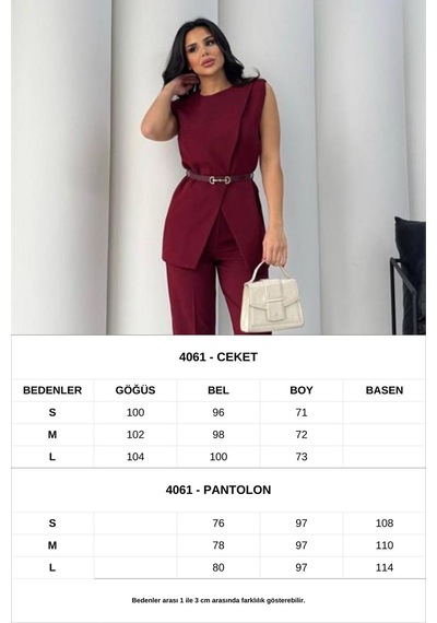 Neşeli Butik Kadın Bordo Kemer Detaylı Yelek Pantolon İkili Takım Nbstr4061