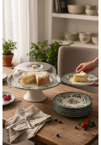 Akayev Porselen Vintage Green 8 Parça Pasta Seti