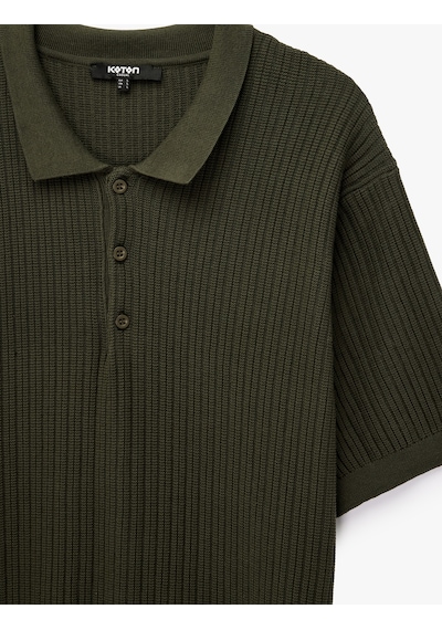 Koton Regular Fit Kısa Kollu Pamuklu Dokulu Düğmeli Polo Yaka Triko Tişört Haki 7wam70044ht