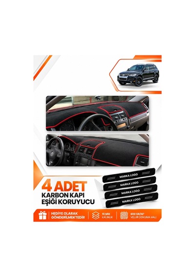 Volkswagen Touareg 2002-2010 Uyumlu Ön Torpido Koruma Kılıfı Halısı Örtüsü - Siyah Kırmızı