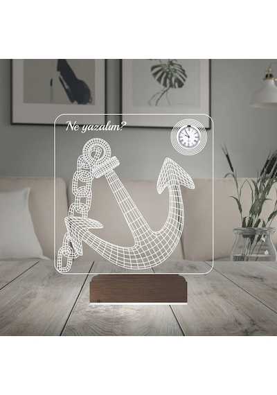 Luvivia Denizci Çapa Kaptan Kişiye Özel Metal Saatli 3d Lamba - Masa Gece Lambası Şeffaf