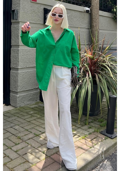Madmext Yeşil Oversize Basic Cepli Poplin Gömlek Mg1530 Yeşil