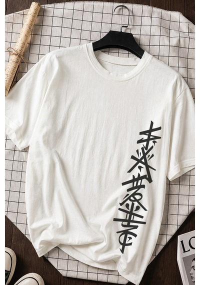 Spoyi Beyaz Kanji Tasarımlı %100 Pamuk Yarım Oversize Beyaz T-shirt