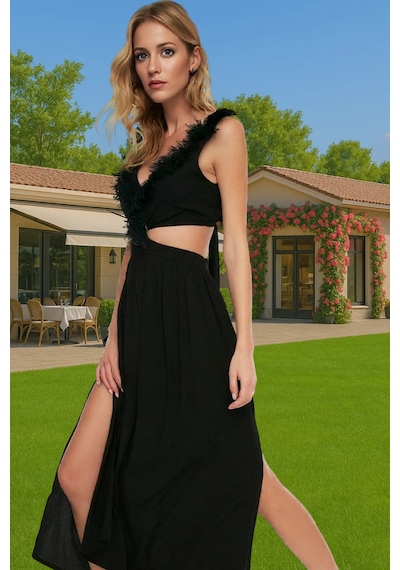Frm Ekru Viskoz Maxi Elbise Cut Out Detaylı Plaj Elbisesi Dayanıklı M Siyah