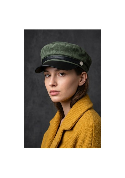 Emybox Kadın Süet Dokulu Deri Siperlikli Kaptan Şapka Vintage Kasket Şerit Detaylı Kışlık Ressam Şapkası Baker Boy Trend Aksesuar Haki