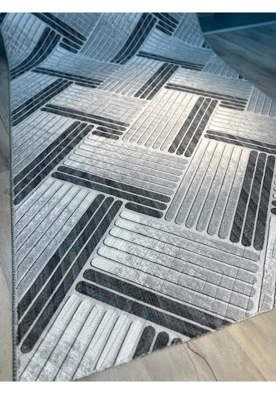 Sarar Halıcılık Modern Makinede Yıkanabilir Kaymaz Taban Salon Hol, Koridor Mutfak Yıkanabilir Jel Kesme Yolluk Gri