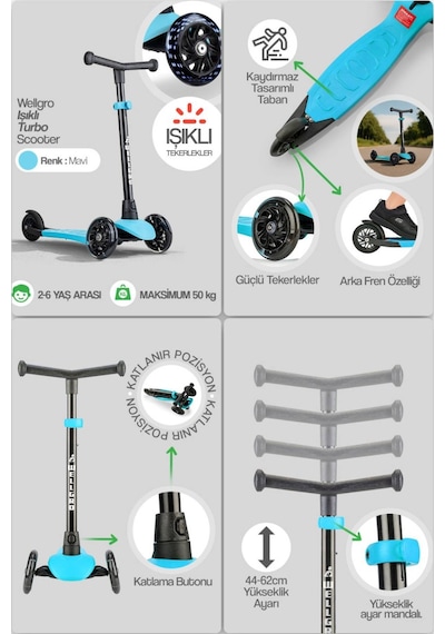 Işıklı Scooter, Ayarlanabilir Yükseklik, Ön Tekerleri Işıklı Çocuk Scooter, Mavi Mavi