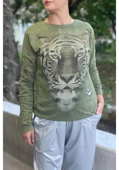 Mia Butik Kadın Haki Kaplan Desenli Sweat Haki