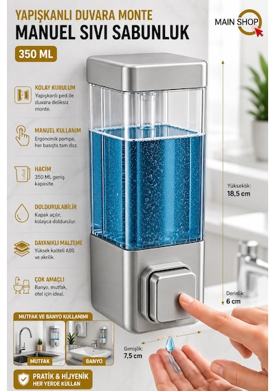 Mainshop 1 Adet Yapışkanlı Duvara Monte Banyo Ve Mutfak Manuel Sıvı Sabunluk 350 Ml Doldurulabilir M-53 Gri